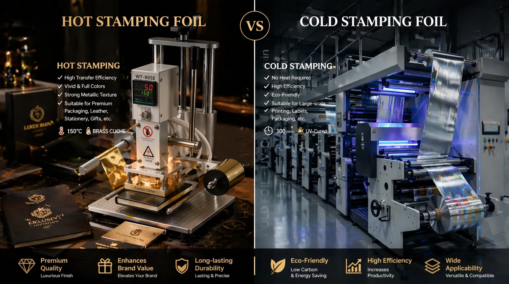 Cold foil stamping press running metallic foil on packaging stock with finished cartons and label samples nearby